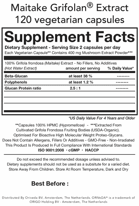 supplement facts label Oriveda Maitake Grifolan